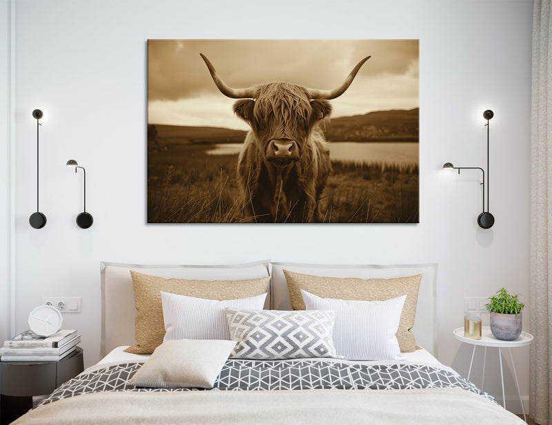 Sepia Highland Cow Canvas Print, Scottish Cattle Wall Art, Vintage Style Monochrome Cow Artwork, Home Decor #8258